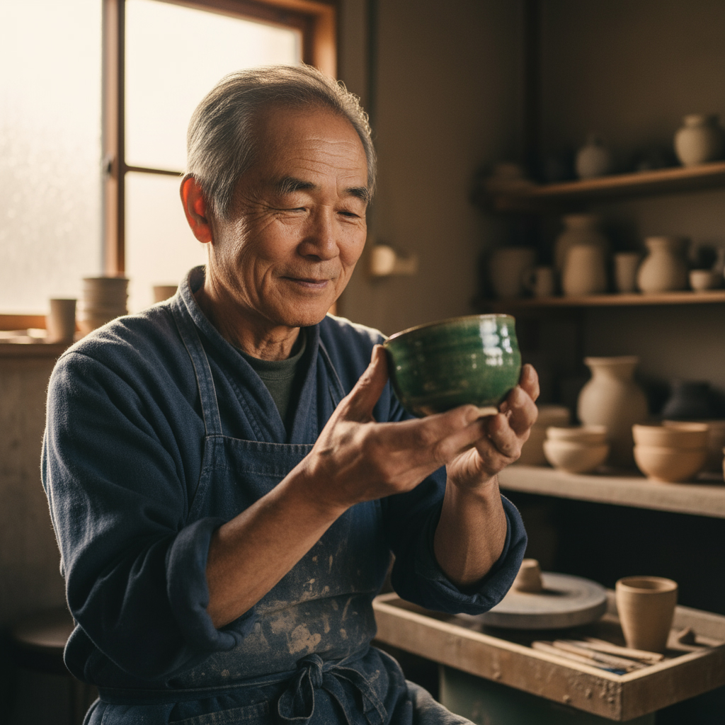 Ein älterer asiatischer Mann sitz in seiner Werkstatt und hält sein Kunstwerk, eine getöpferte Schale, in den Händen