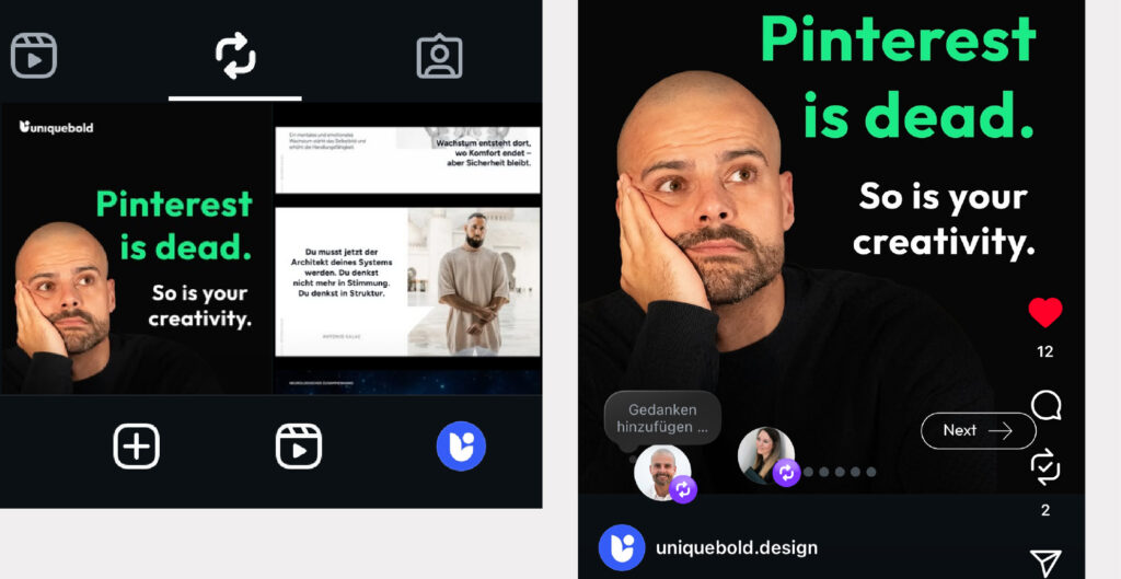 Das Bild zeigt zwei Screenshots aus dem User Interface der Instagram-App, auf der die neue Funktion Instagram Reposts zu sehen sind. Auf dem linken Screenshot, sieht man den neuen Profilreiter, der einem zur Übersicht der geteilten Beiträge führt. Auf dem rechten Screenshot, ein Beitrag mit zwei Icons darüber, die anzeigen dass dieser Beitrag gerepostet wurde.