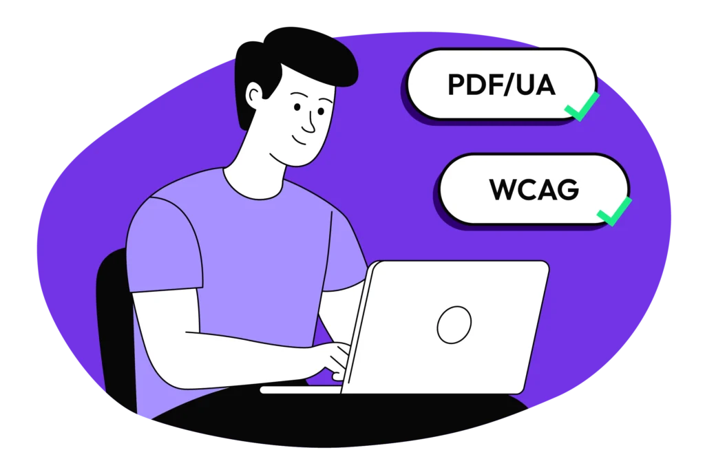 Illustration einer technischen Prüfung mit bestätigter PDF/UA- und WCAG-Konformität.